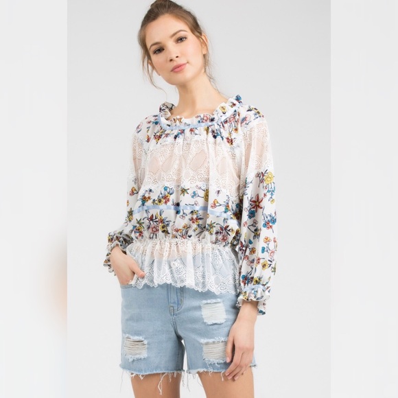 🔥SALE POL White Boho Floral & Lace Peplum Blouse Top - Picture 8 of 11